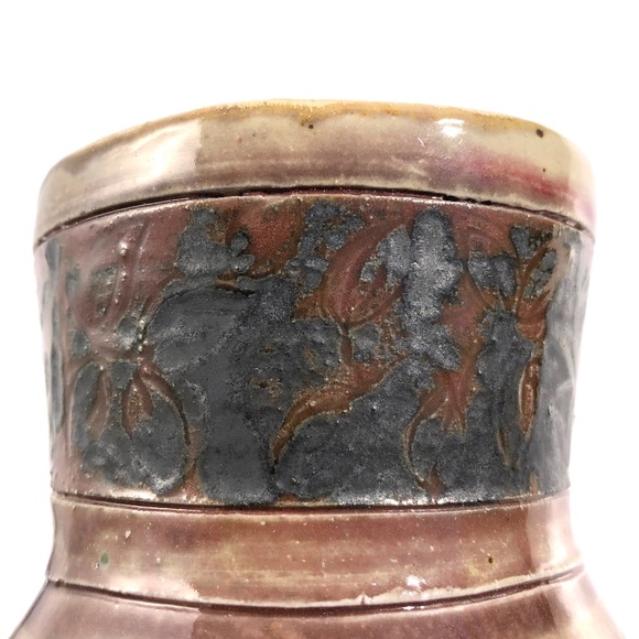 handmade pottery vase raku vessel leaves brown black blue drip 4 inches tall - Picture 6 of 16